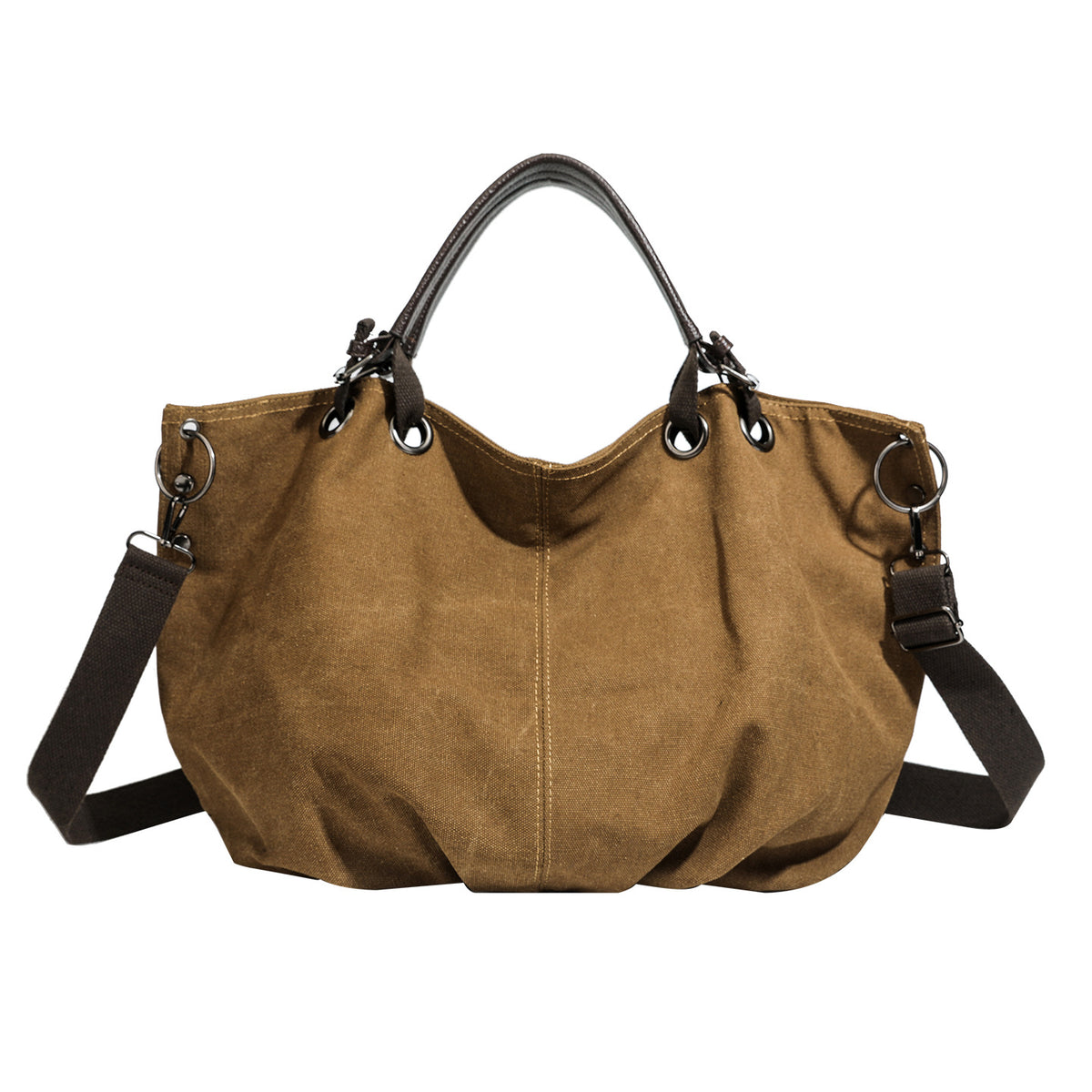Slouchy matte canvas tote bag with dark dual top handles, metal grommet hardware, and detachable long shoulder strap, detail