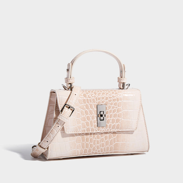 Small structured crocodile-embossed glossy top-handle satchel bag with silver-tone turn-lock clasp and detachable shoulder