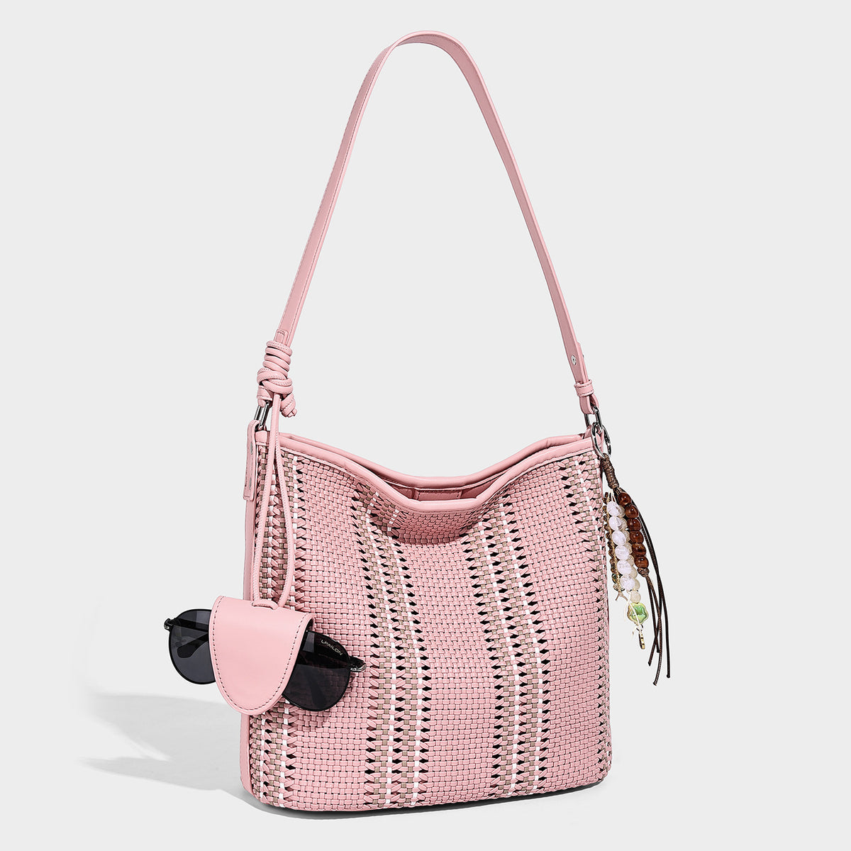 Woven bucket shoulder bag with leather-look trim, silver-tone hardware, and beaded tassel charm, detail view 8