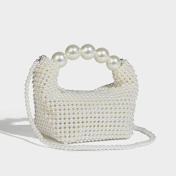 Kleine formstabile Mini-Henkeltasche mit Kunstperlenbesatz, übergroßem Perlenbogenhenkel und abnehmbarem Perlen-Crossbody-Riemen