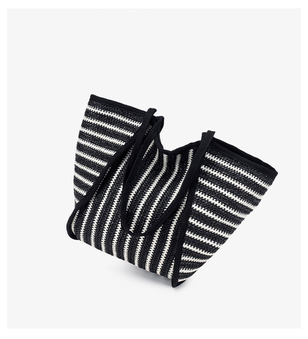 Große schwarz-weiß gestreifte gewebte Tote-Bag mit offenem oberen Abschluss und langen Schulterriemen, Detailansicht 8