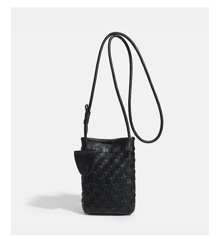 Mini woven square-pattern crossbody phone bag with long cord strap and front snap flap pocket in red textured leather-look