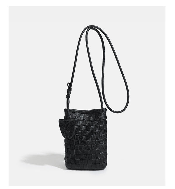 Mini woven square-pattern crossbody phone bag with long cord strap and front snap flap pocket in red textured leather-look