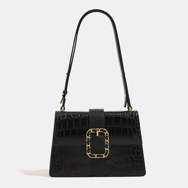 Structured crocodile-embossed flap shoulder bag with gold chain buckle hardware and adjustable strap, detail view 6