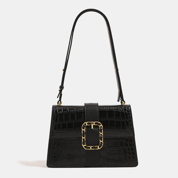 Structured crocodile-embossed flap shoulder bag with gold chain buckle hardware and adjustable strap, detail view 6