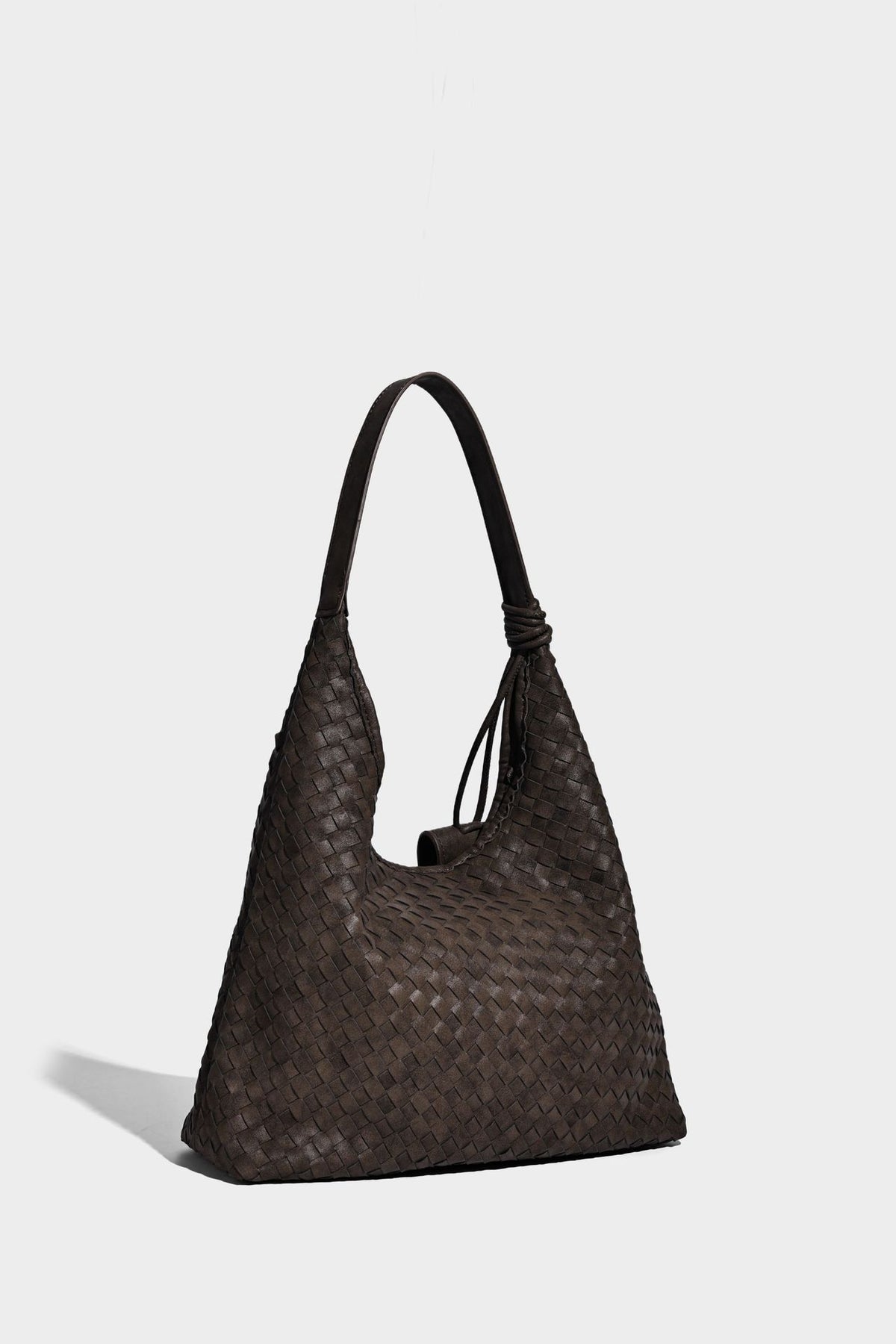 Slouchy woven hobo shoulder bag with knotted strap and matte leather-look textured finish, detail view 25