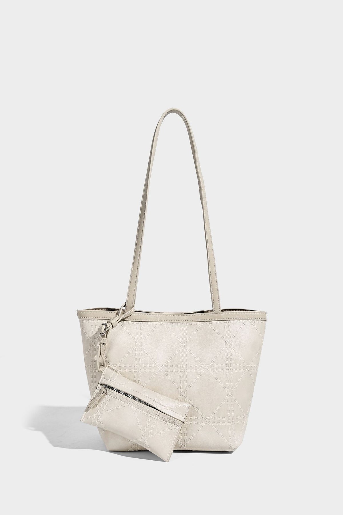 Quilted diamond-pattern tote bag with attached front zip pouch and long shoulder straps, detail view 18
