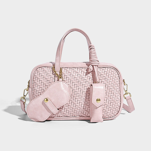 Strukturierte Boston-Bag mit gewebter Oberfläche, glatten Kunstlederdetails, zwei Tragegriffen, abnehmbarem Mini-Beutel mit Druckknopfverschluss und, Detail