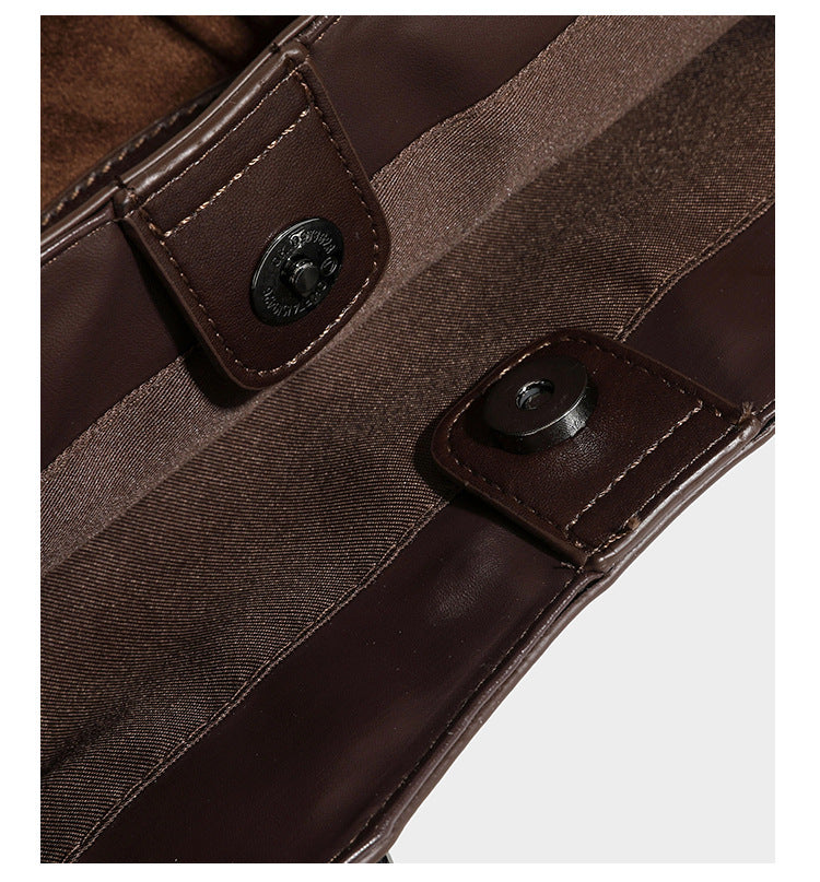 Large structured tote bag with matte suede-like body, smooth leather-look trim, front zip pocket, stud hardware, and