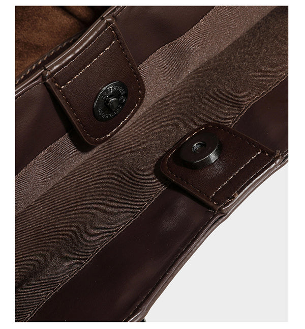 Large structured tote bag with matte suede-like body, smooth leather-look trim, front zip pocket, stud hardware, and