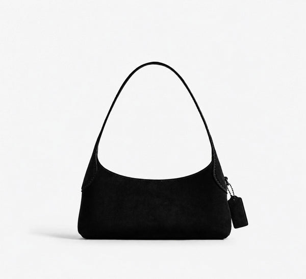 Slim crescent-silhouette shoulder bag in chocolate brown suede-look finish with contrast topstitching, top zip closure, thin