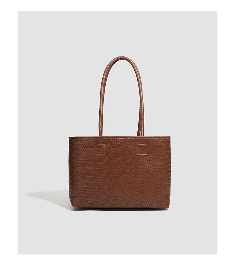 Structured cognac brown woven-texture tote bag with double top handles and open top, detail view 8