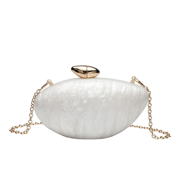 Oval hard-shell marbled gloss clutch bag with gold-tone kiss-lock clasp and detachable gold chain strap, detail view 5