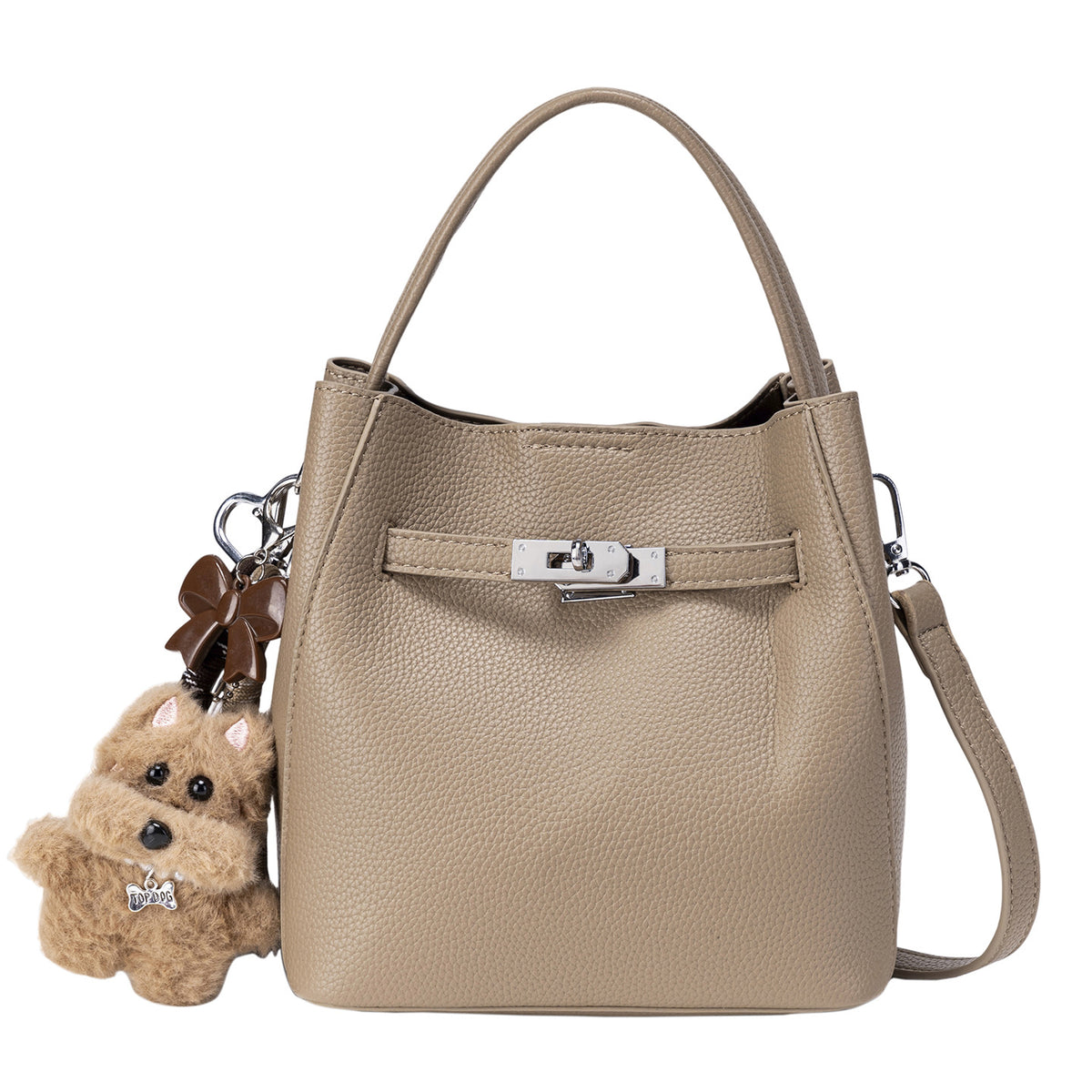 Compact structured bucket bag in pebbled leather-look finish with silver turn-lock front clasp, dual top handles, detachable