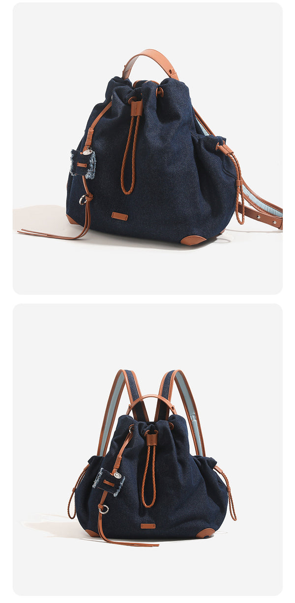 Lässiger Rucksack in Beutelform mit Kordelzugverschluss, Besätzen in cognacfarbener Kunstlederoptik und Eckenschonern, Detailansicht 13