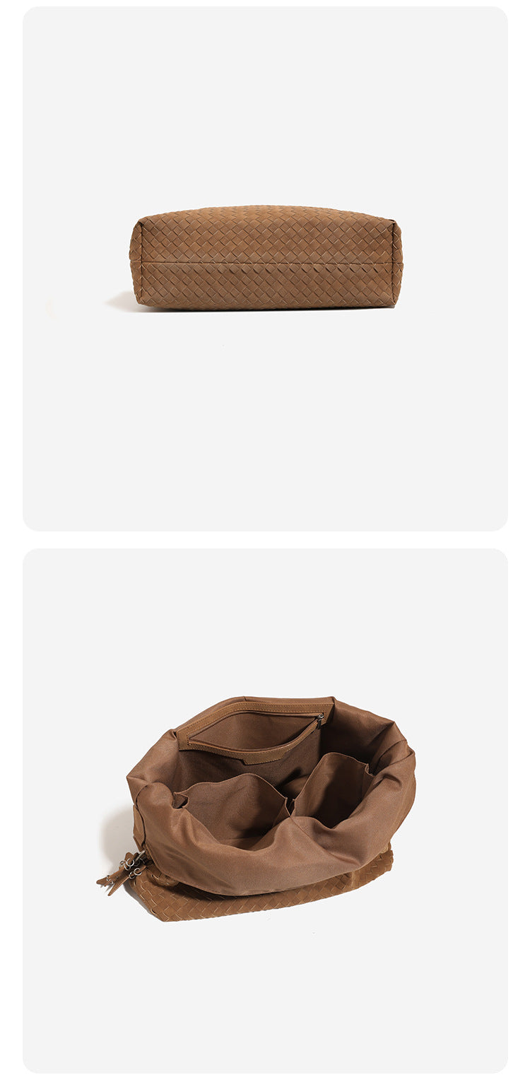 Slouchy woven hobo shoulder bag with matte suede-like finish, adjustable strap, and star charm hardware, detail view 14