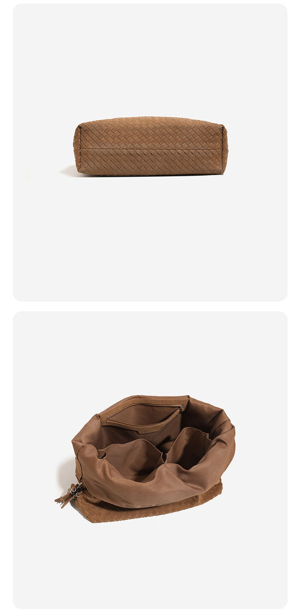 Slouchy woven hobo shoulder bag with matte suede-like finish, adjustable strap, and star charm hardware, detail view 14