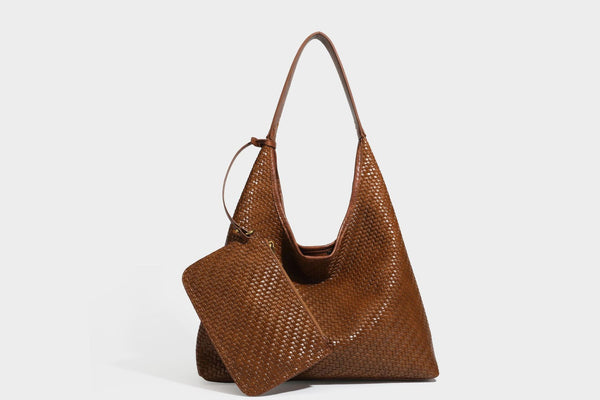 Slouchy woven leather-look hobo tote bag in brown with detachable zip pouch and gold-tone hardware, detail view 43