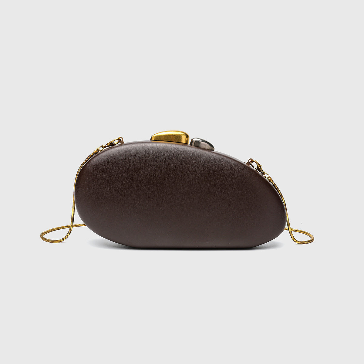 Oval hard-shell crossbody clutch bag with smooth matte leather-look finish and gold-tone snake chain strap, front view