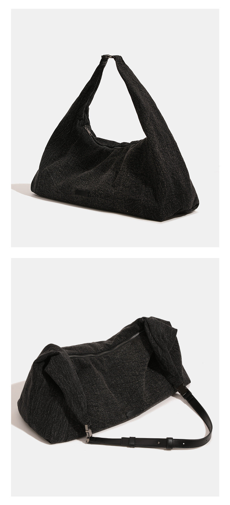 Oversized slouchy hobo shoulder bag in dark marled denim-texture fabric with top zip closure and adjustable single strap