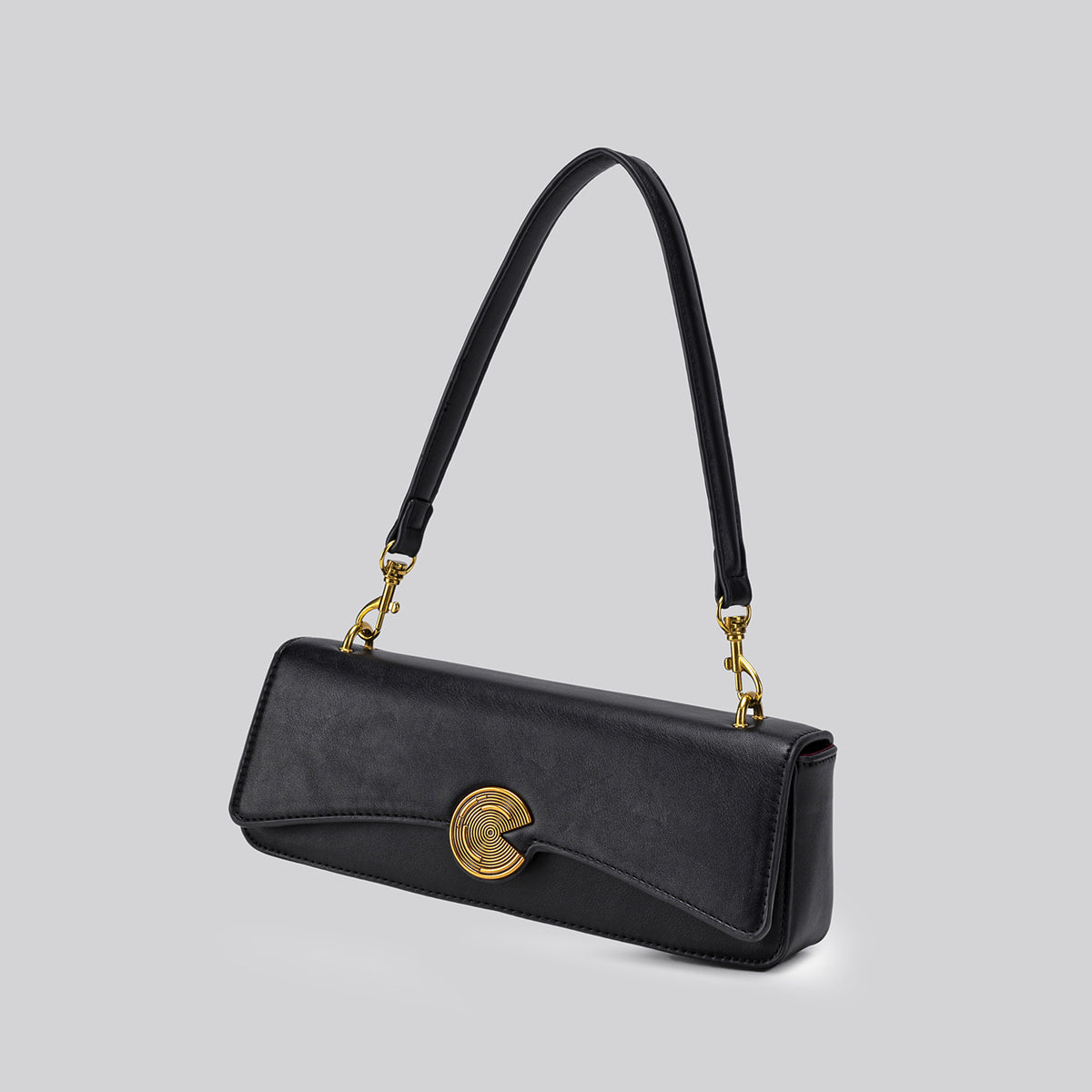 Structured rectangular flap bag with gold-tone circular turn-lock closure and detachable crossbody strap, detail view 5