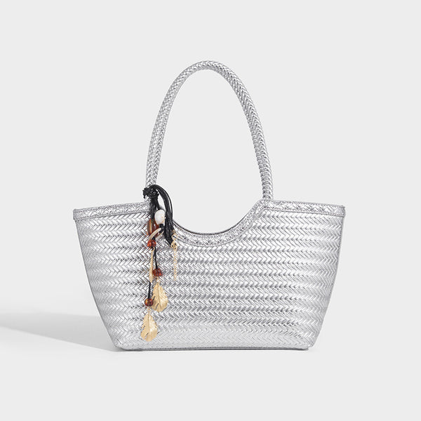 Large open-top woven tote bag with contrasting braided double handles and matching drawstring pouch, detail view 8