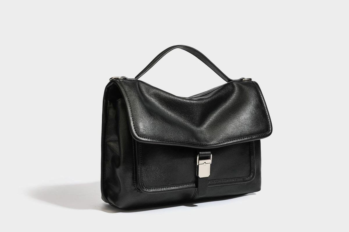 Structured rectangular satchel bag in dark espresso brown with smooth leather-look finish, flap front with silver turn-lock