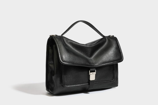 Structured rectangular satchel bag in dark espresso brown with smooth leather-look finish, flap front with silver turn-lock