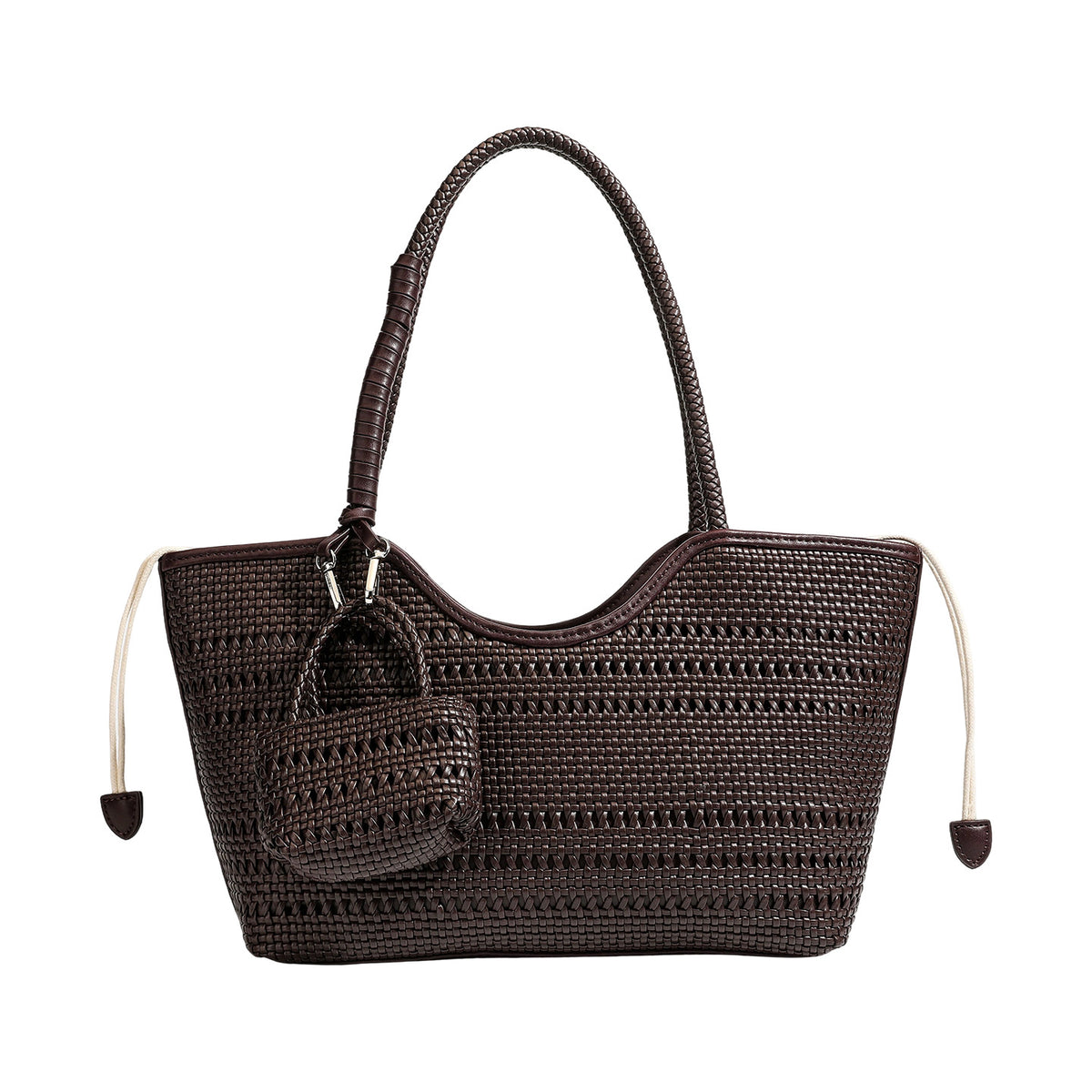 Dunkelbraune gewebte Tote-Tasche in Lederoptik mit geflochtenen Henkeln, Kordelzugverschluss und befestigtem gewebtem Mini-Etui, Detailansicht 5