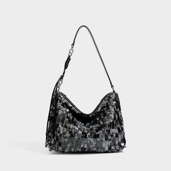 Slouchy paillette sequin hobo shoulder bag with zip closure and adjustable leather-look strap with silver chain hardware