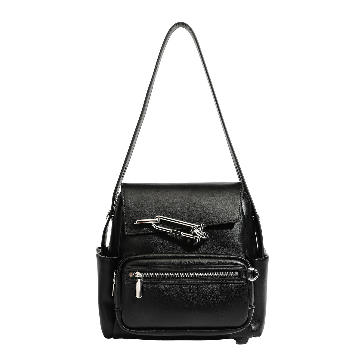 Kleiner strukturierter Rucksack aus Material in schwarzer Lederoptik mit Überschlag, Metallverschluss in Silberoptik, vorderem Reißverschlussfach und Ring