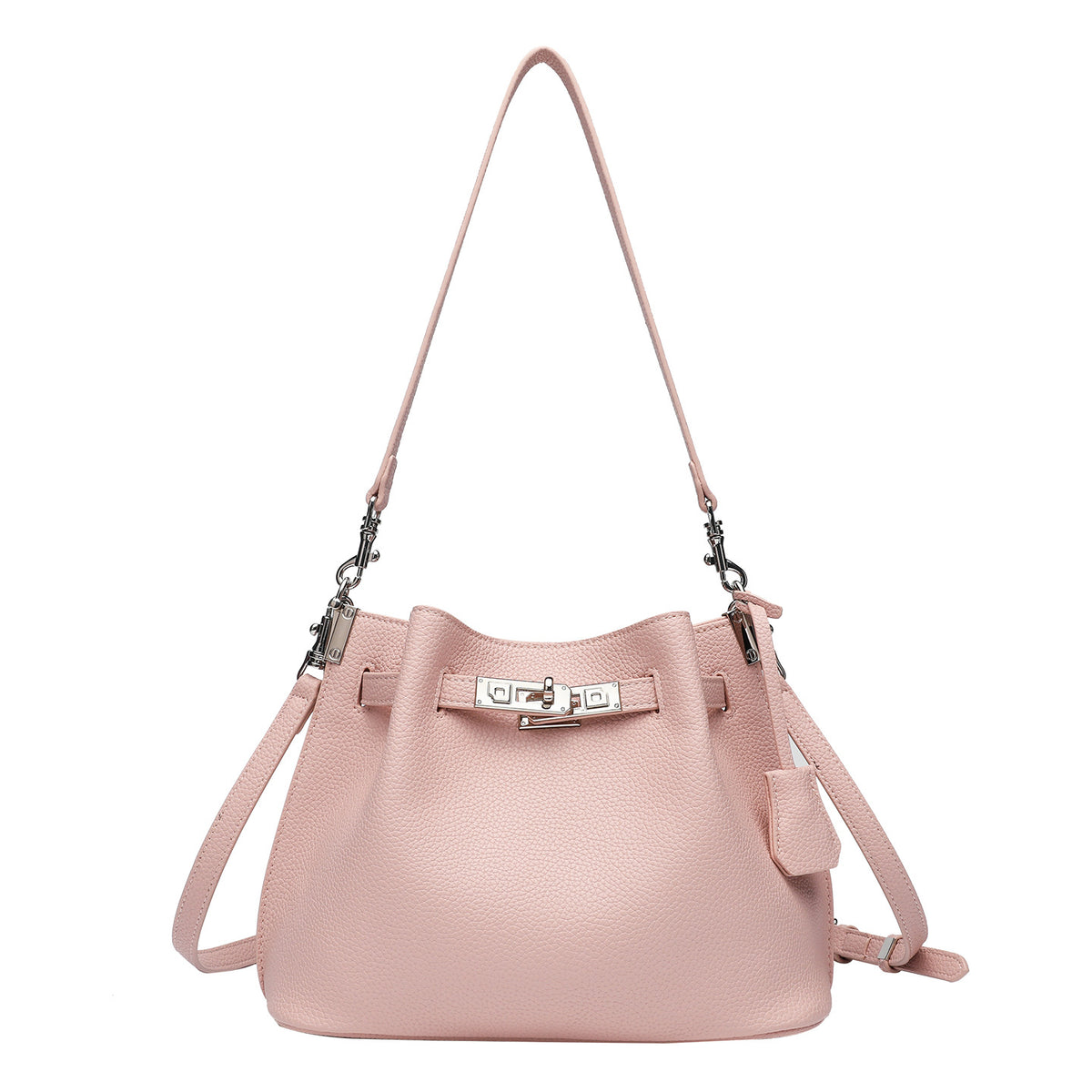 Soft-structured pebbled leather-look bucket bag with silver turn-lock front clasp and adjustable crossbody strap, detail view