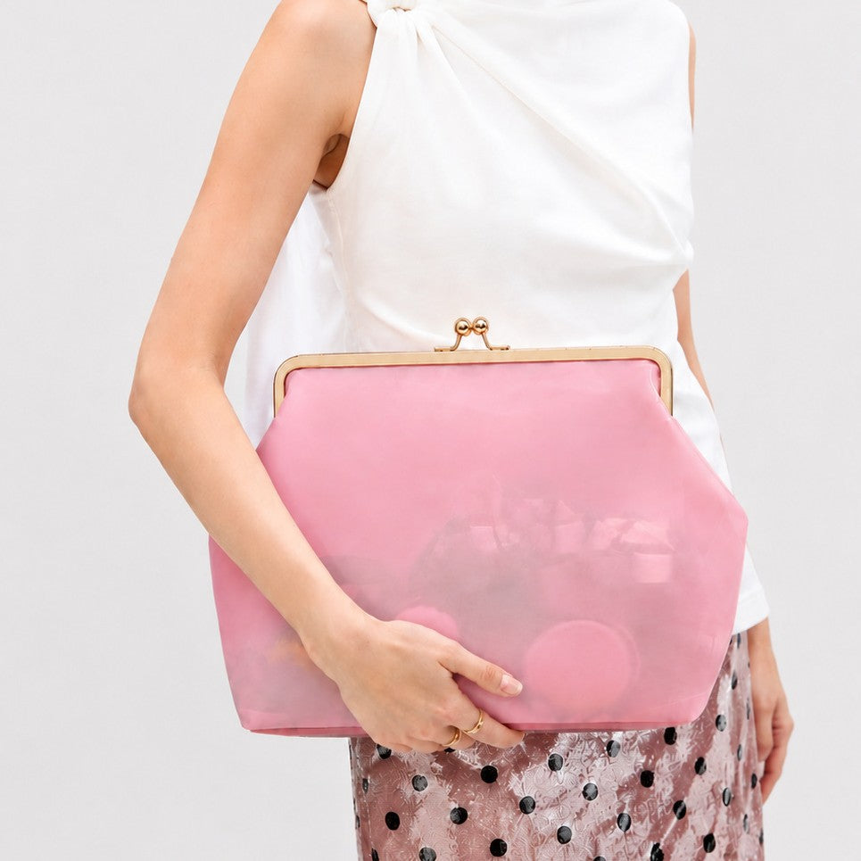 Structured translucent pastel frame-clasp shoulder bag with gold-tone hinged ball clasp and slim top handle, detail view 3