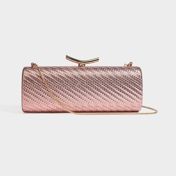 Formstabile, metallisch gewebte Abend-Clutch mit geschwungenem goldfarbenem Kiss-Lock-Verschluss und abnehmbarem, schmalem goldfarbenem Kettenriemen