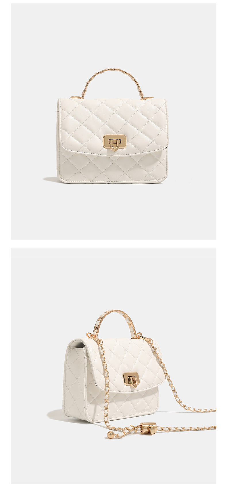 Small structured quilted flap crossbody bag with gold-tone turn-lock closure and chain strap, detail view 10