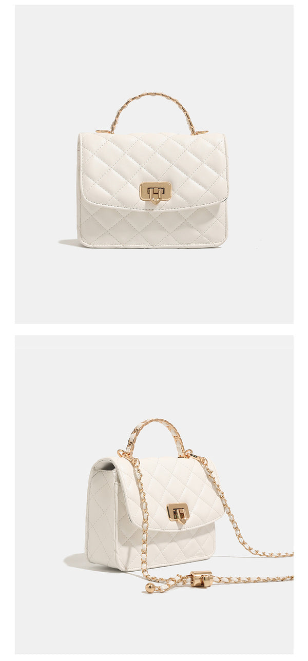 Small structured quilted flap crossbody bag with gold-tone turn-lock closure and chain strap, detail view 10