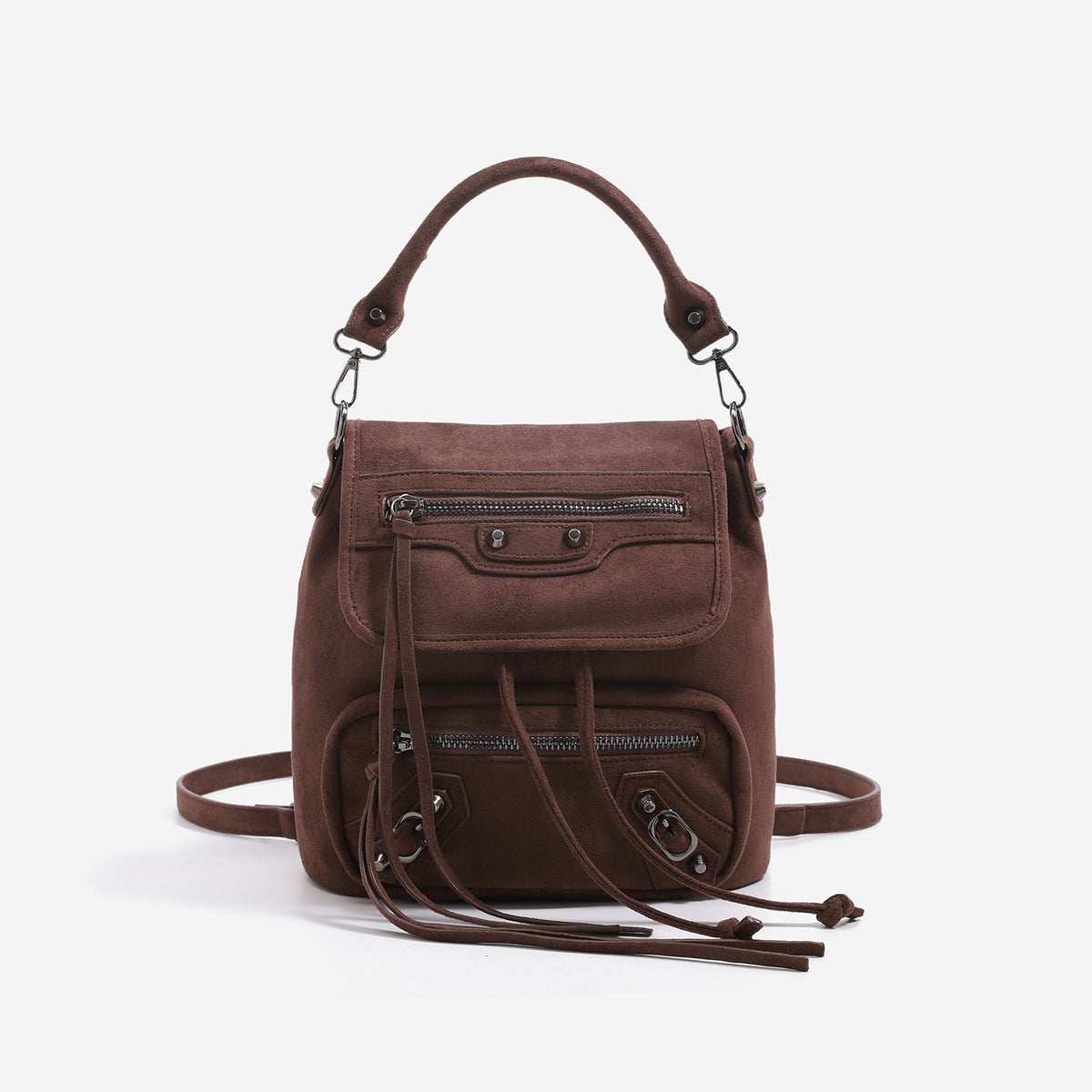 Mini flap backpack handbag with silver stud hardware, front zip pockets, and drawstring tassels, detail view 8