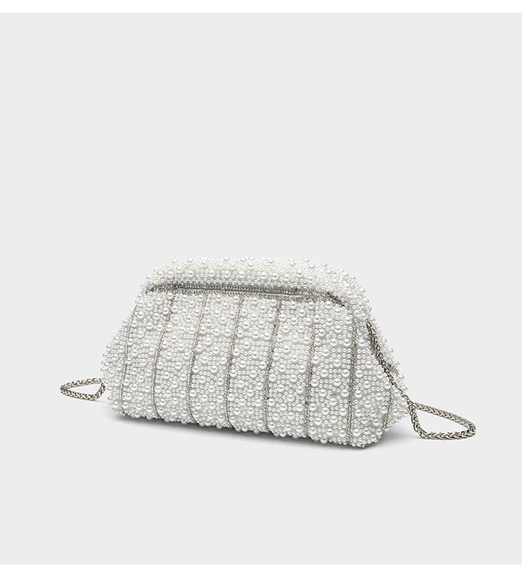 Structured faux-pearl beaded evening clutch bag with silver-tone chain strap and top zip closure, detail view 13