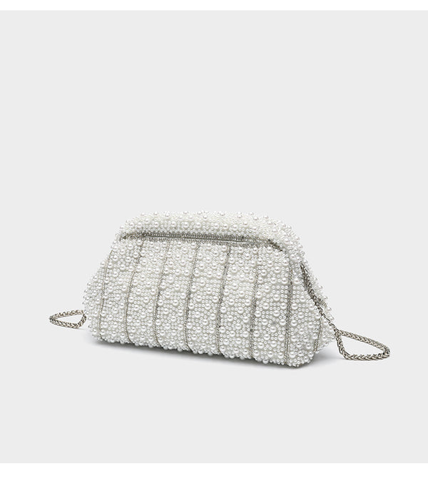 Structured faux-pearl beaded evening clutch bag with silver-tone chain strap and top zip closure, detail view 13