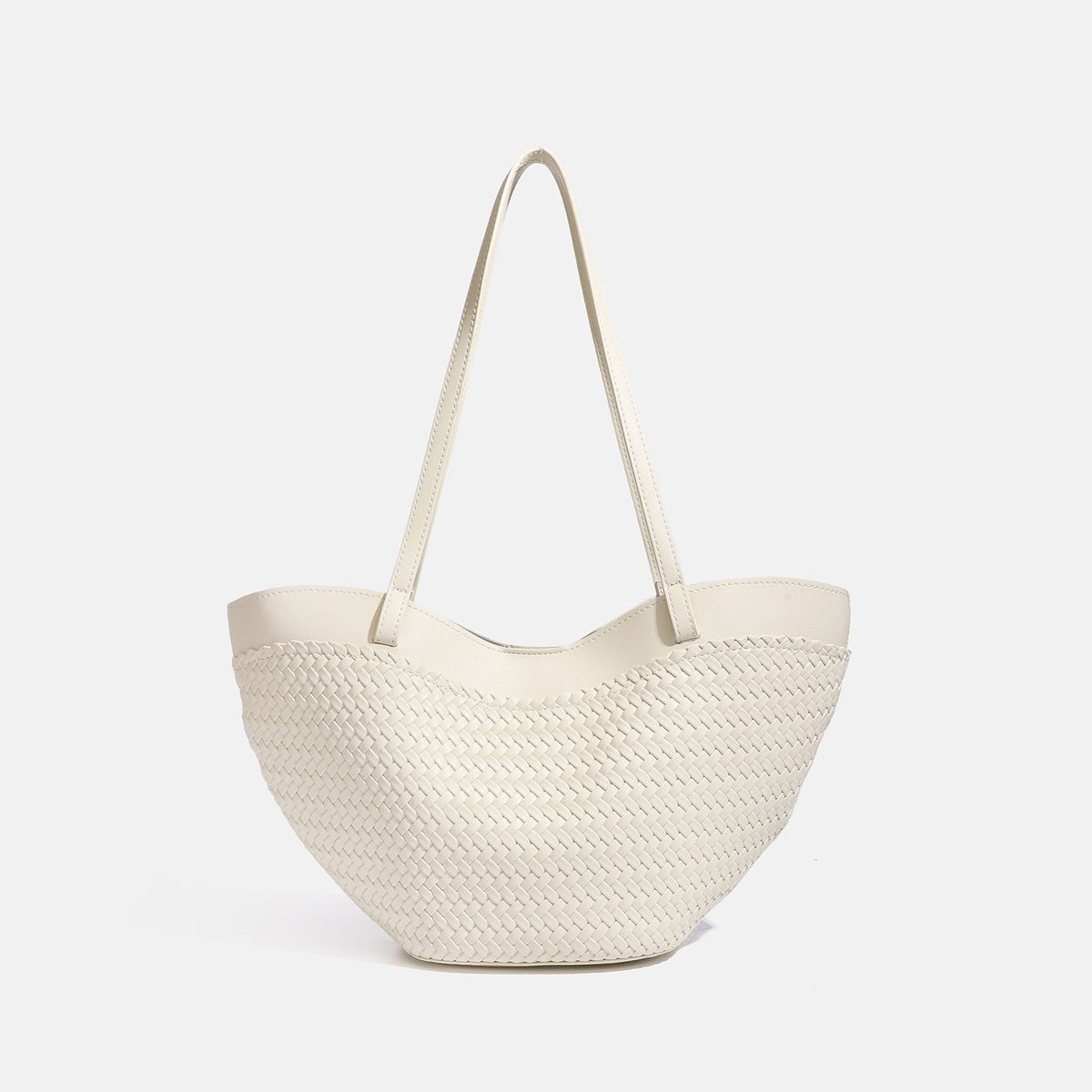 Große schwarze gewebte Tote-Bag mit glatten Besätzen in Lederoptik, langen doppelten Schulterriemen und geschwungener Silhouette, Detailansicht 8