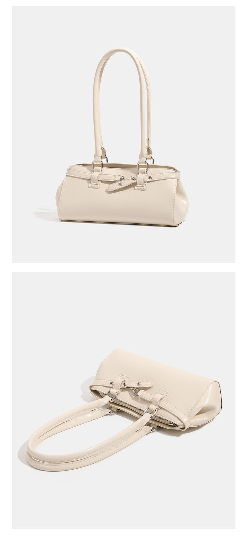 Glossy leather-look baguette shoulder bag with silver-tone hardware and buckle-strap detail, detail view 12