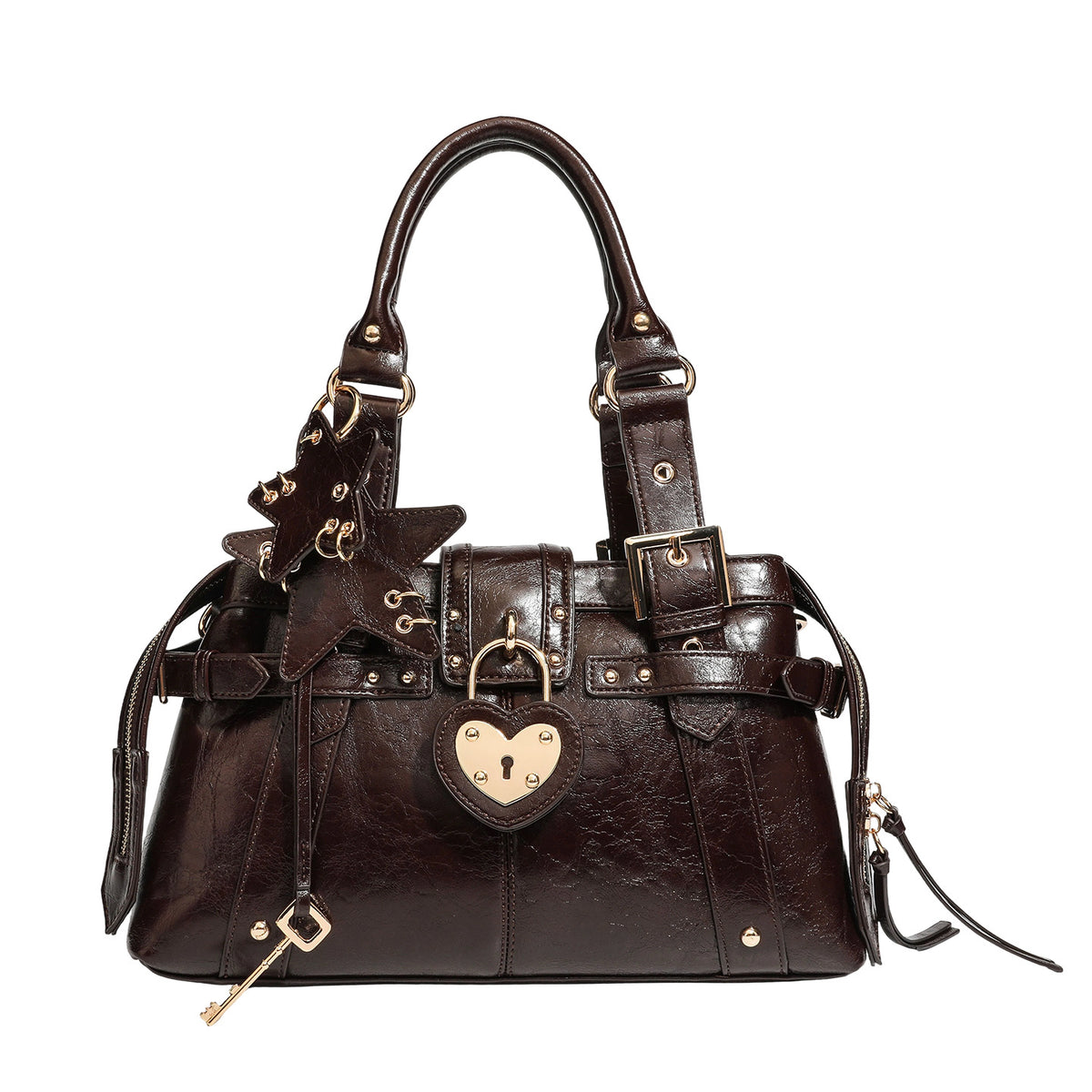Strukturierte Boston-Henkeltasche in Espressobraun mit herzförmigem goldfarbenem Vorhängeschloss, Sternanhänger, Schnallenriemen, Nieten und zwei Henkeln oben