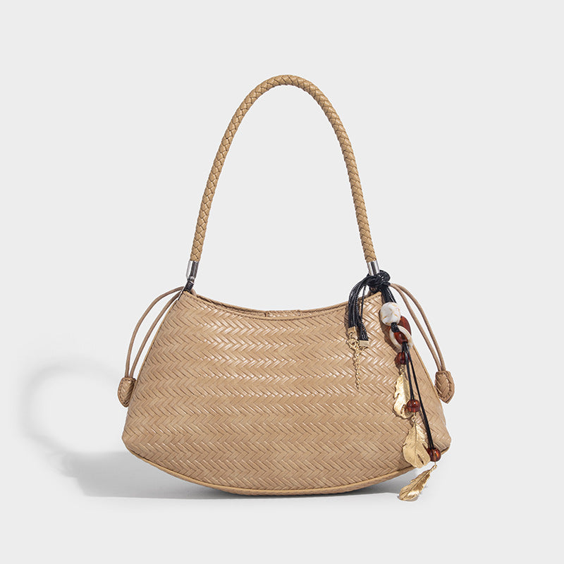 Woven leather-look hobo shoulder bag with braided strap and silver-tone hardware, detail view 12