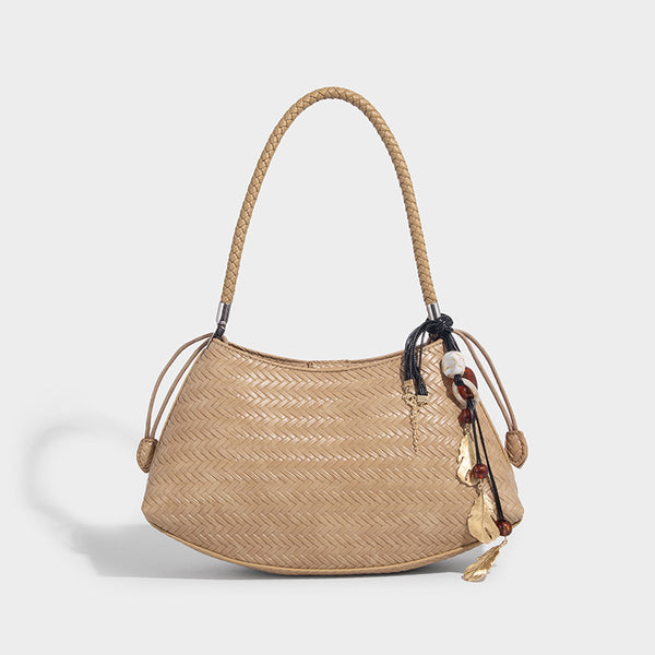 Woven leather-look hobo shoulder bag with braided strap and silver-tone hardware, detail view 12