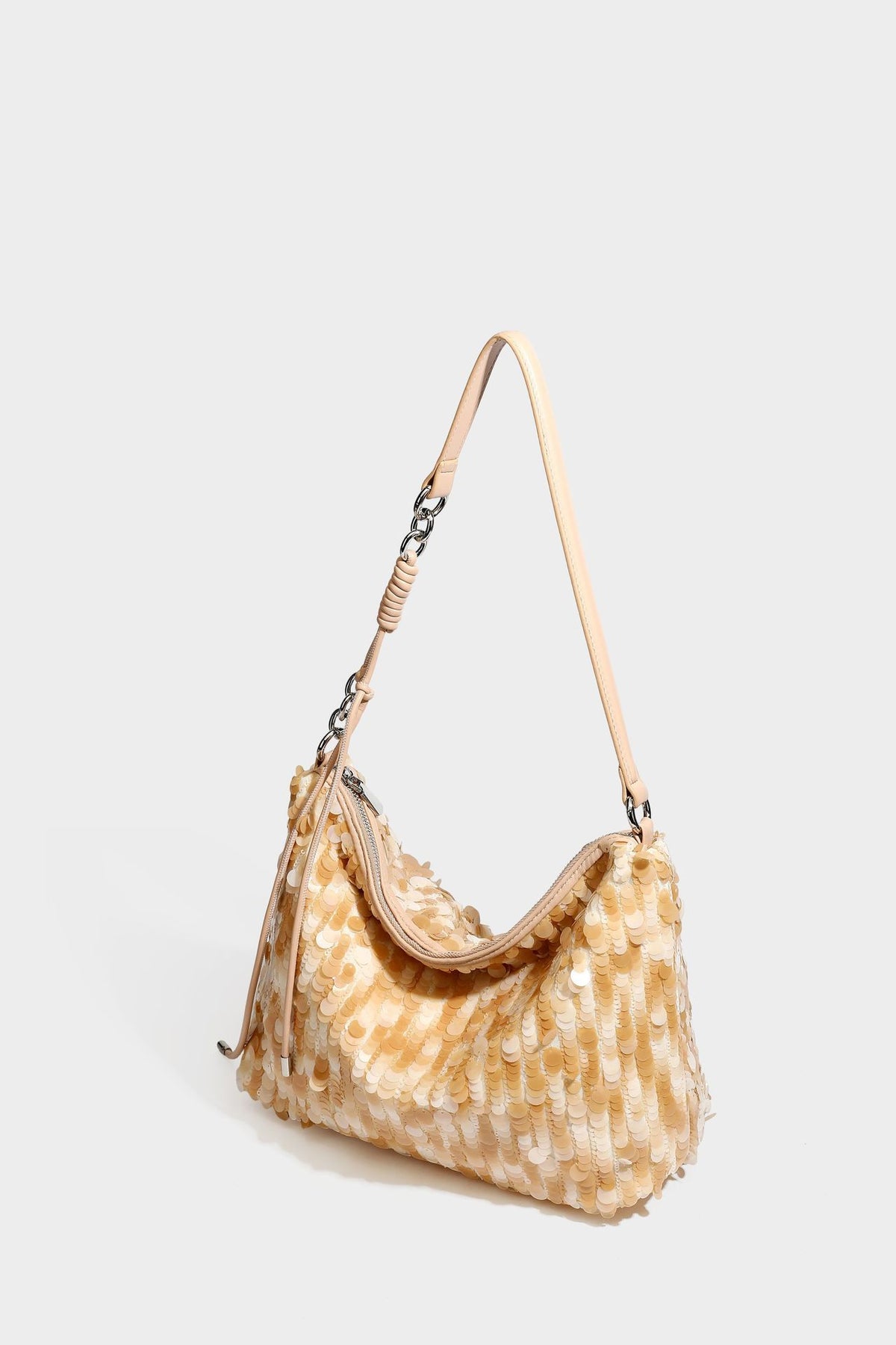 Slouchy paillette sequin hobo shoulder bag with zip closure and adjustable leather-look strap with silver chain hardware