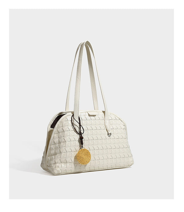 Strukturierte kuppelförmige Schulter-Tote-Bag mit geometrischer Flechtoptik in Lederoptik, langen Doppelriemen, Reißverschluss oben und rundem