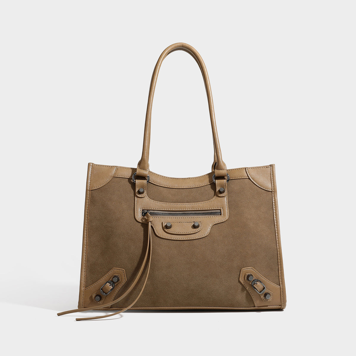 Large structured tote bag with matte suede-like body, smooth leather-look trim, front zip pocket, stud hardware, and