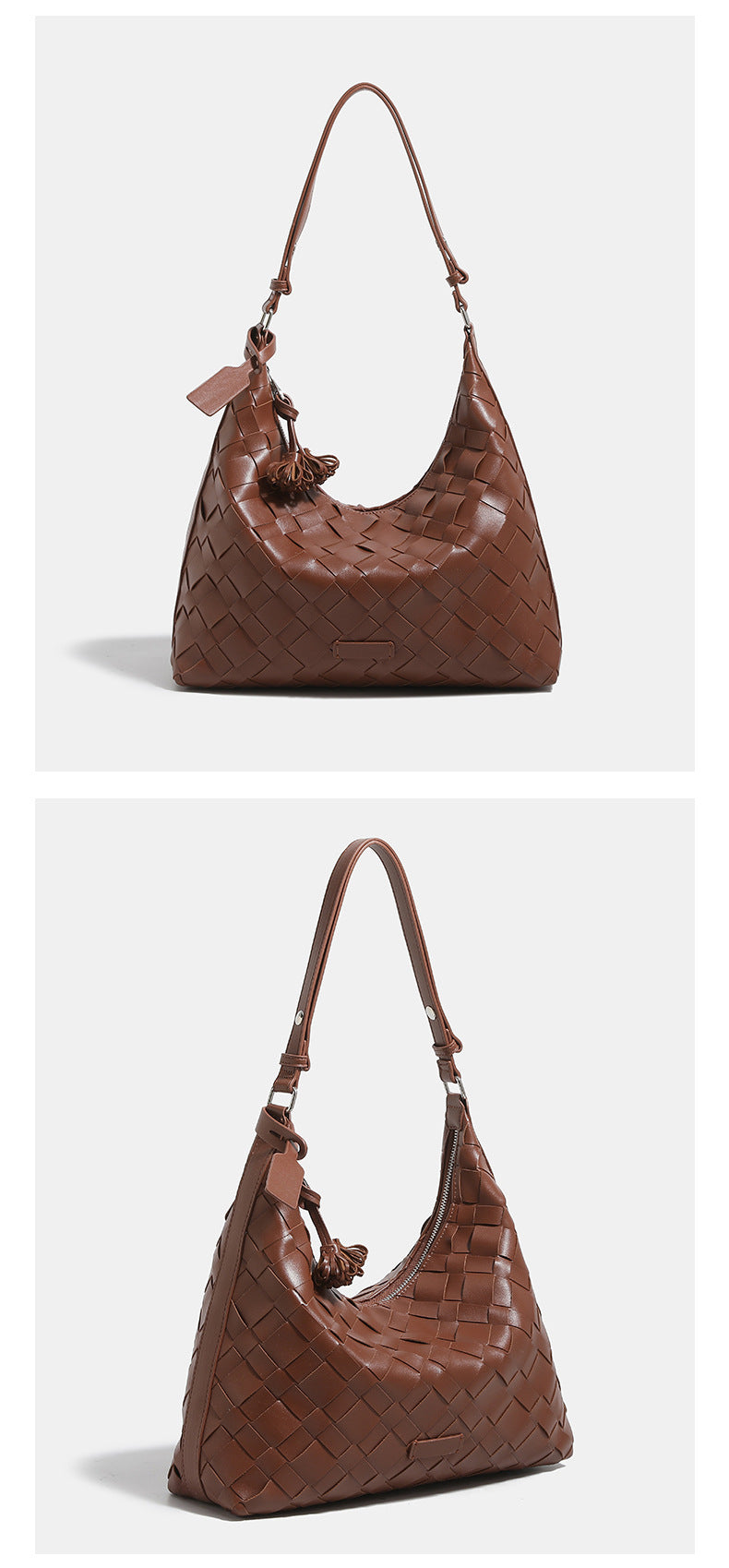 Large woven checker hobo shoulder bag with slim strap, silver-tone hardware, and braided tassel zipper pull, detail view 9