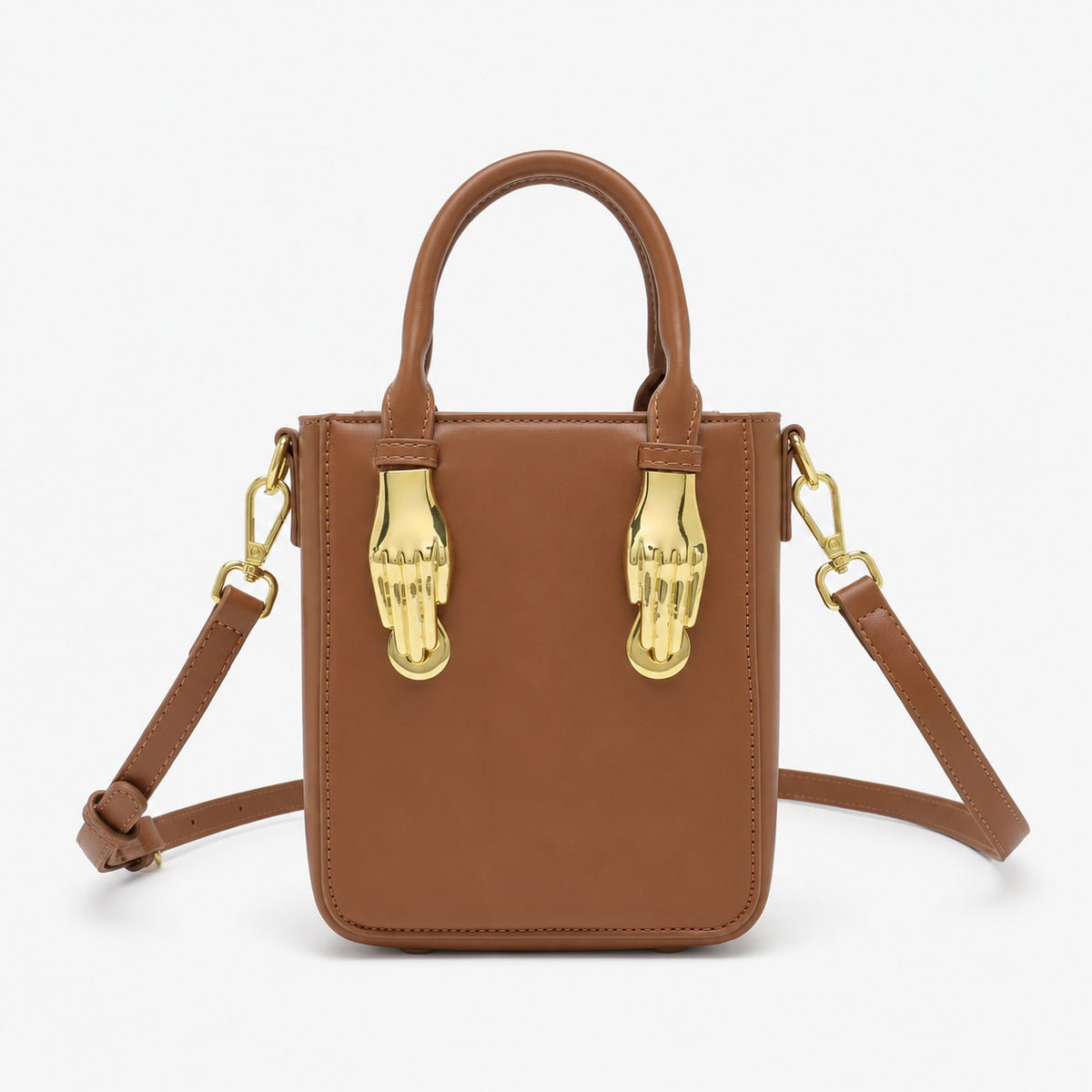 Mini-Tote mit strukturierter rechteckiger Form, goldfarbenem skulpturalem Drehverschluss und zwei oberen Henkeln, Detailansicht 8