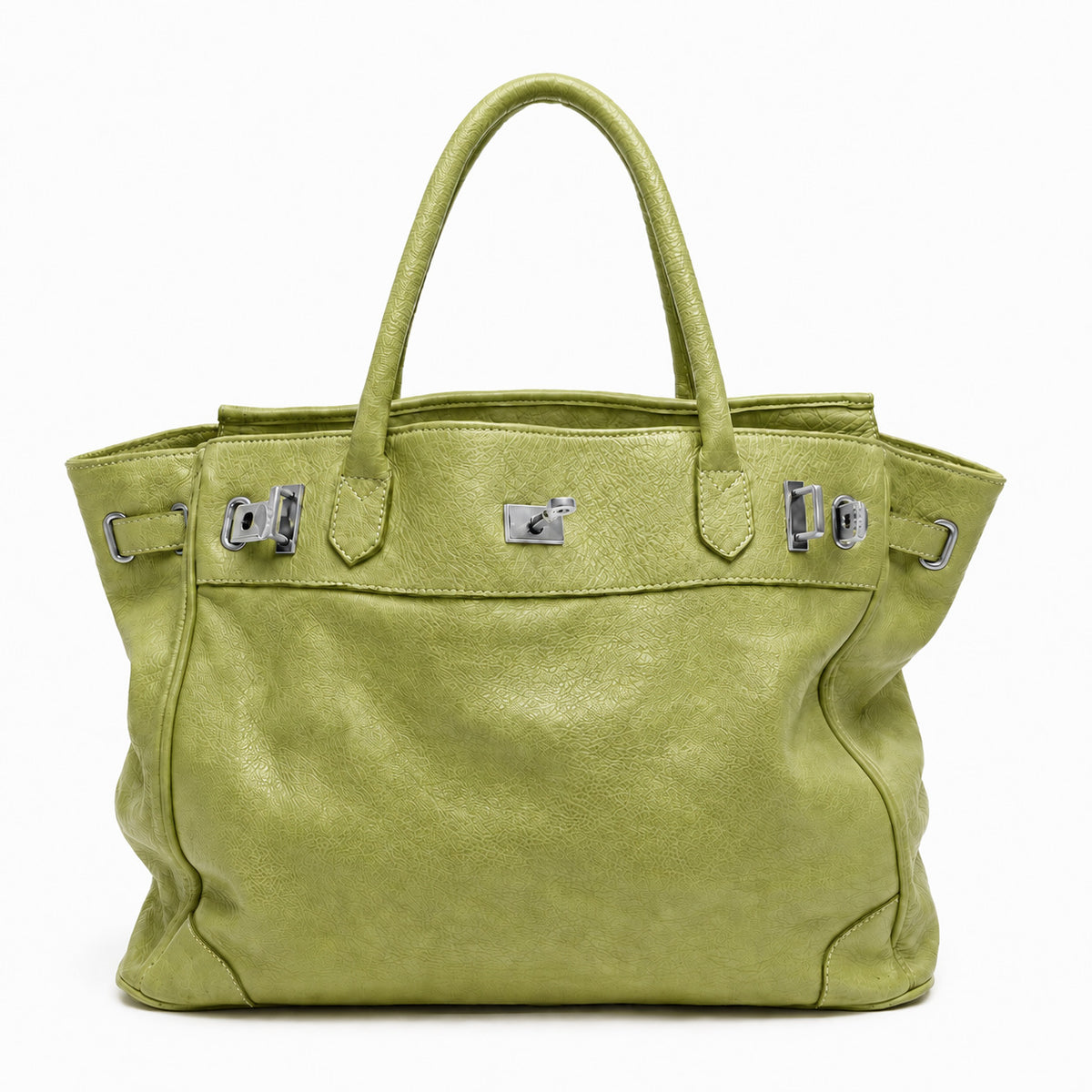 Large structured tote bag with turn-lock closure, silver-tone buckle hardware, and twin rolled handles, detail view 5